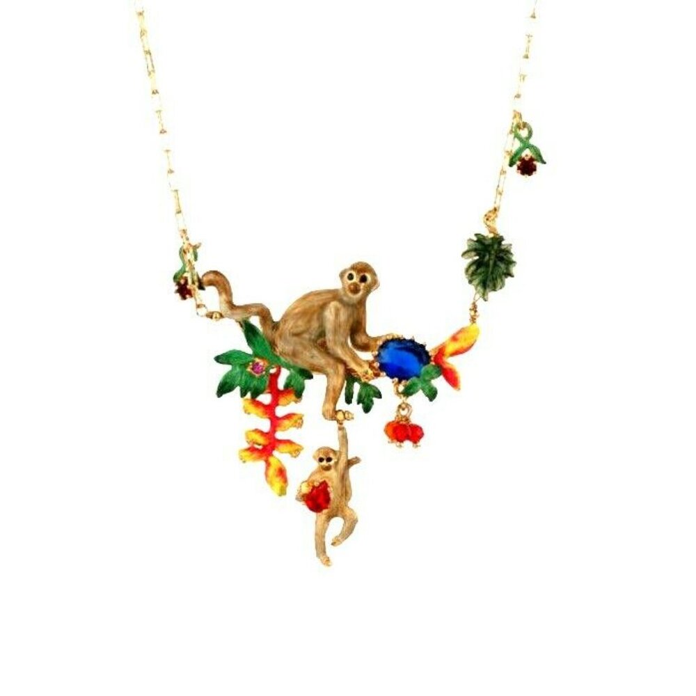 Les Nereides Jungle Tropical Monkeys, Tropical Flowers, Dark Blue Stone Necklace